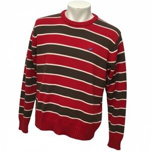 American‎ Eagle Mens Striped Crewneck Sweater Red Brown Wool Blend XL